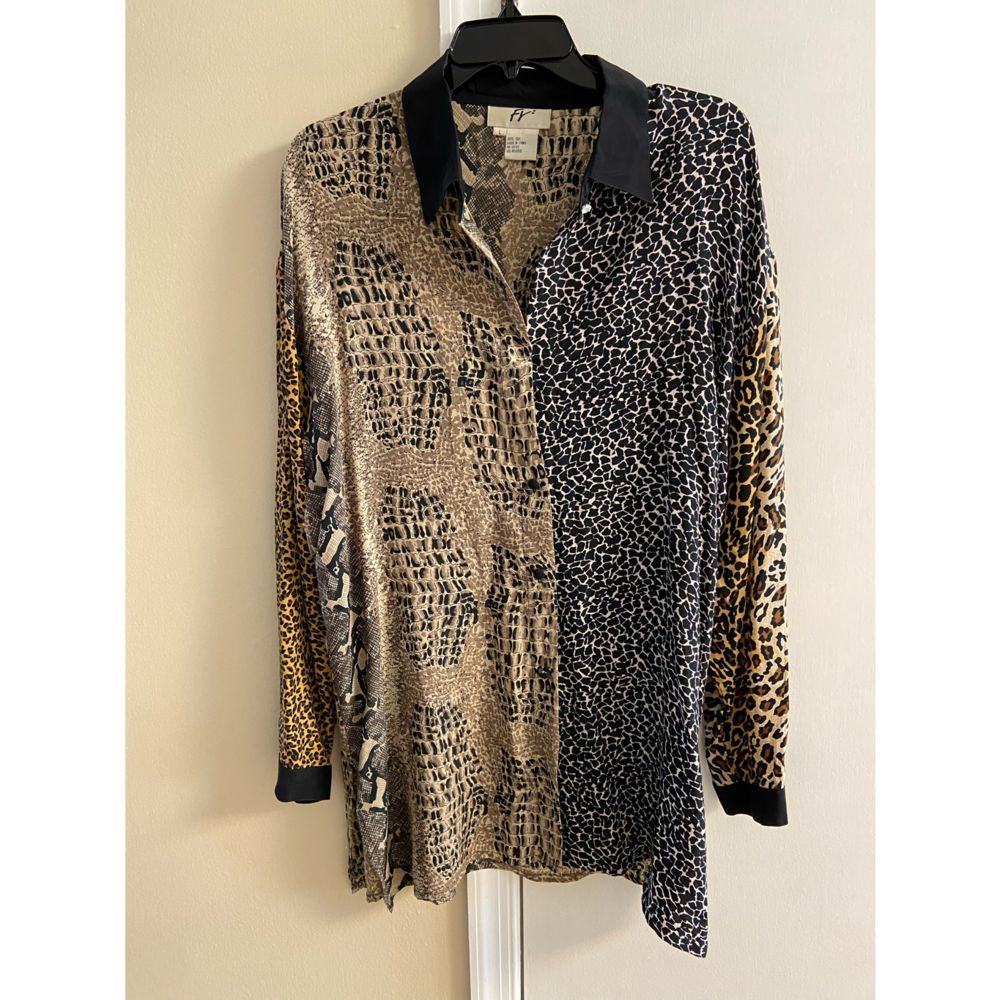 Vintage FY2 animal print 100% silk color block long line oversized button down